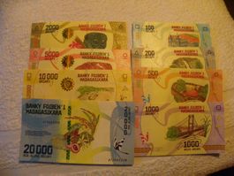 Madagaskar Banknoten Set, 100 bis 20000 Ariary, Rarität, Unc