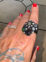 Black Opals Blue Topazes Rhodium SS925 Ring