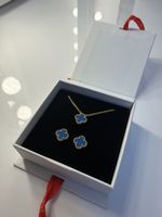 Schmuckset Halskette Ohrstecker Kleeblatt blau neu