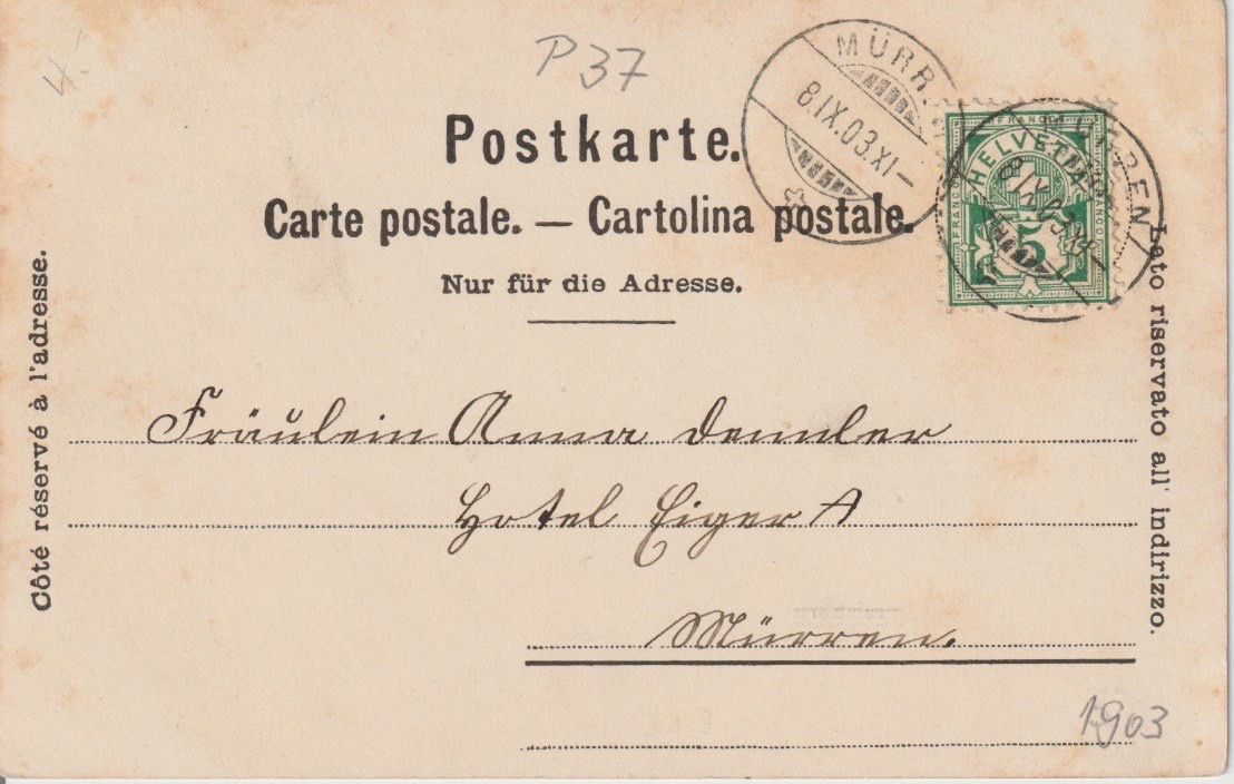 Cartoline postali: P 37 Breithorn, 1903 – Usato da Freienbach venduto da Bhaltis 1