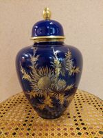 Blaue Vintage Vase mit Deckel, Golddekor, Top Zustand!