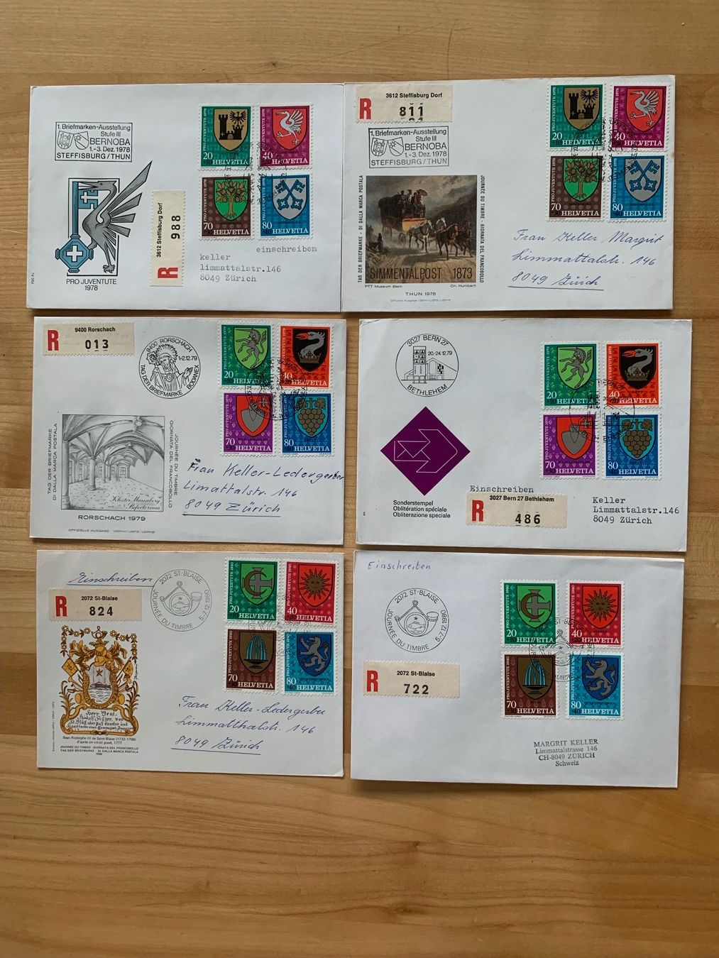 Tutti i francobolli: Briefmarken 6 Couvert Pro Juventute 1978 bis 1980 – Usato da Zürich venduto da ruedigg