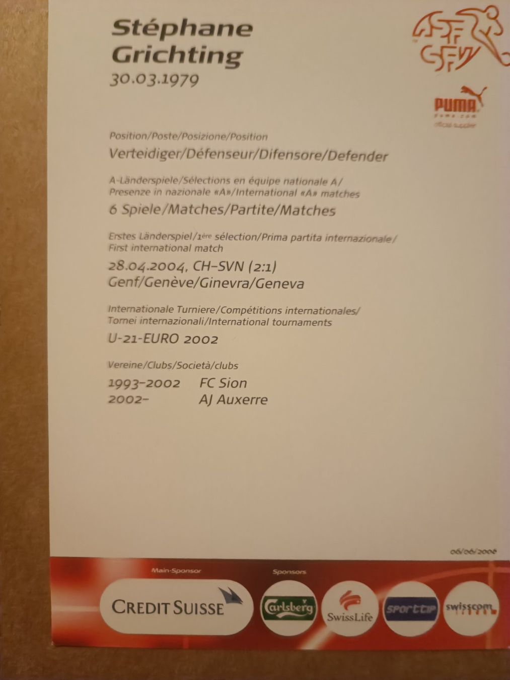 Autografi: Stephan Grichting - handsignierte SFV Autogrammkarte – Usato da Menziken venduto da Artographs 1