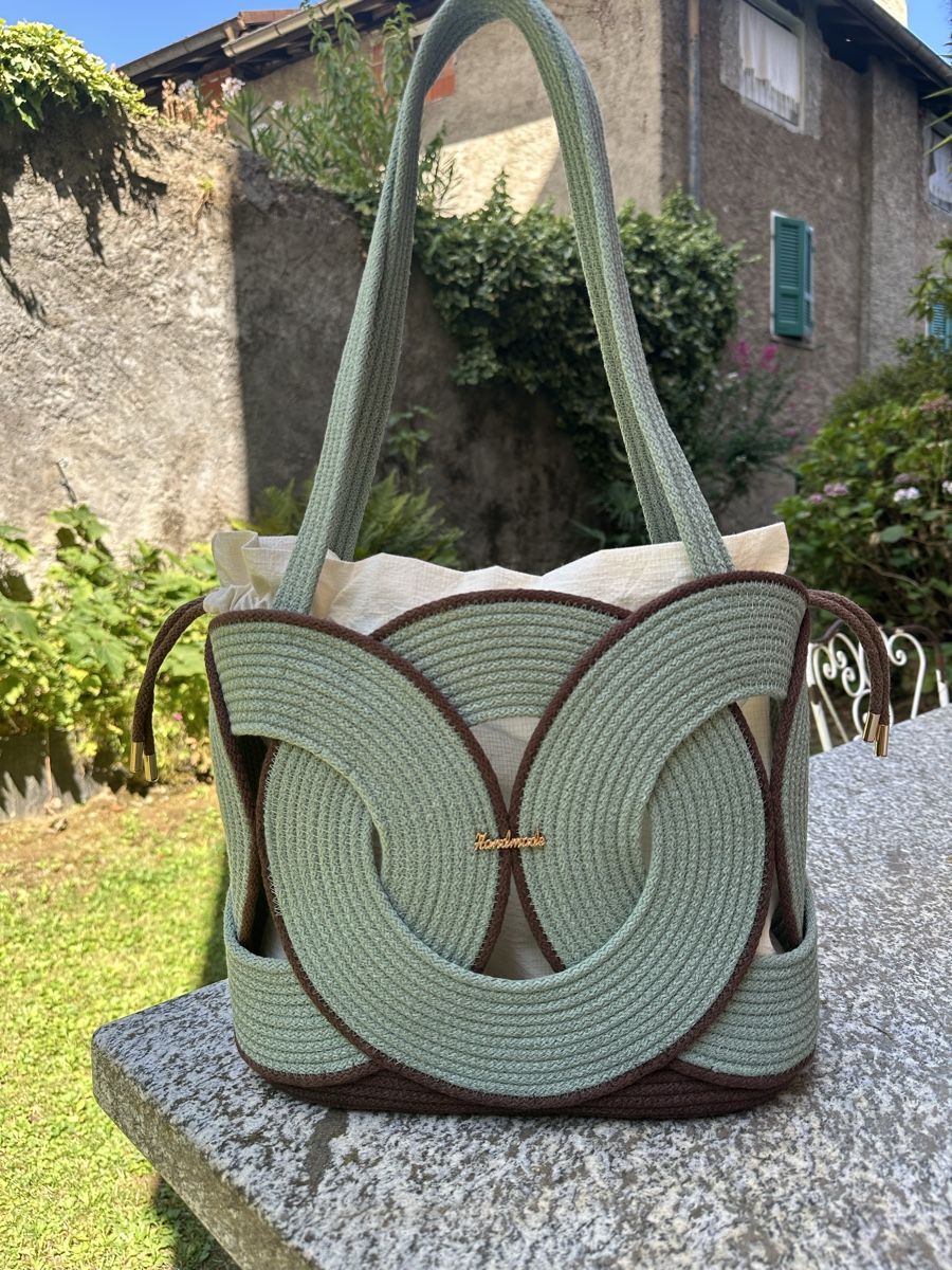 Borse da donna: Borsa a tracolla verde in corda con inserti marroni – Nuovo e nell'imballaggio originale da Lugano venduto da Nicky-made9 2