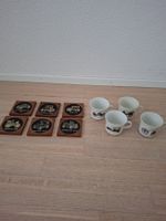 6 Vintage Glasuntersetzer Oldtimer aus Holz plus 4 Teetassen