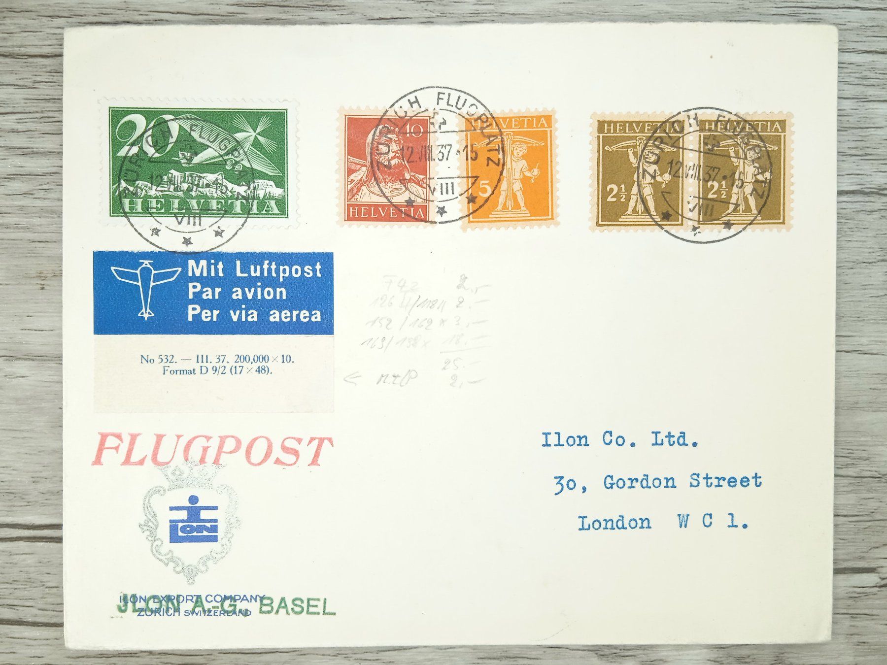 Tutti i francobolli: TR72 Enveloppe + Timbre Suisse 1937 – Usato da Cousset venduto da Patrick_Collections