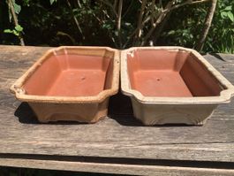  2 Bonsaischalen, braun und beige, 23,5x17,5x6,5 cm