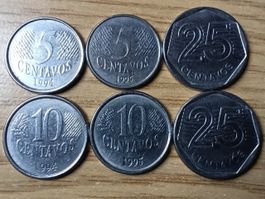 Brasilien Münzsatz 5, 10 und 25 Centavos 1994/95 - 6 Stück!