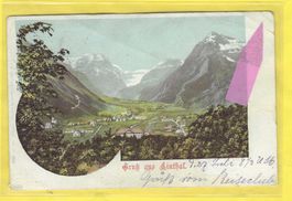 28.7.1903Farblitho"Gruss aus Linthal"Balkenstempel+GL-Berge