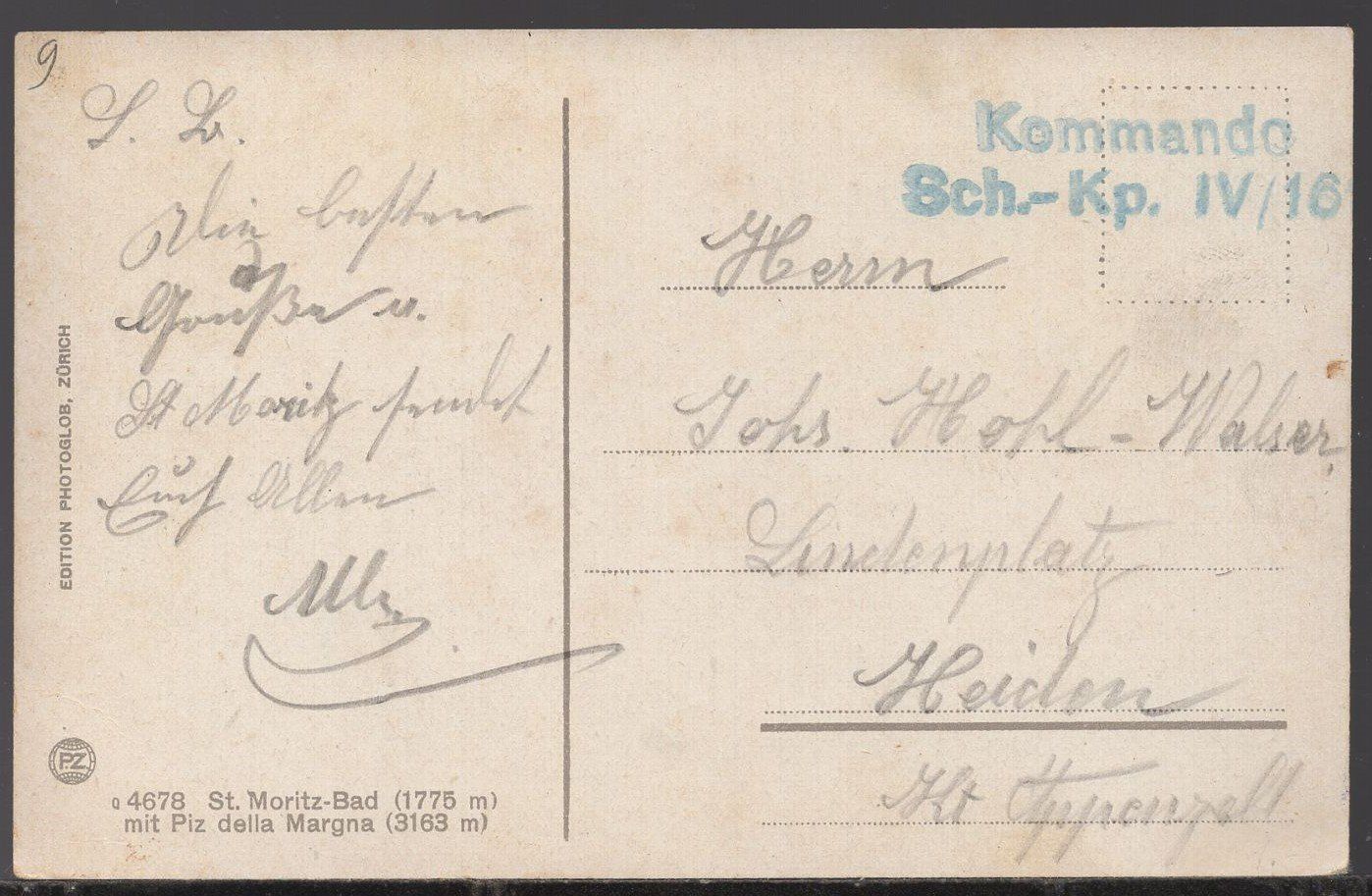 Ansichtskarten: St. Moritz - Bad   Feldpost: Kommando  Sch.-Kp.  IV/ 16 – Gebraucht aus Aarau von kufi44 1