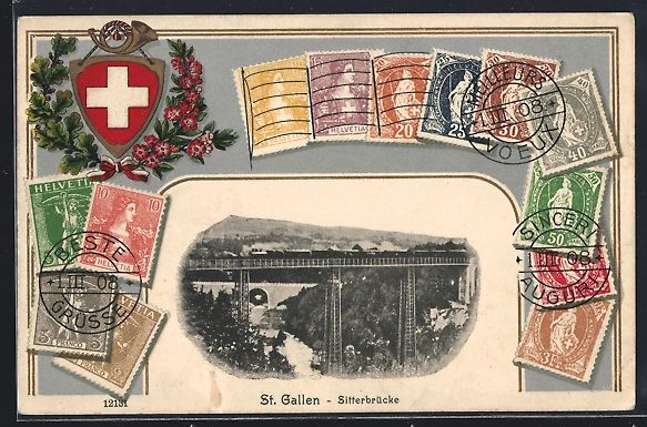 Ansichtskarten: St. Gallen, Sitterbrücke, Briefmarken u – Gebraucht aus Berlin von bartko-reher