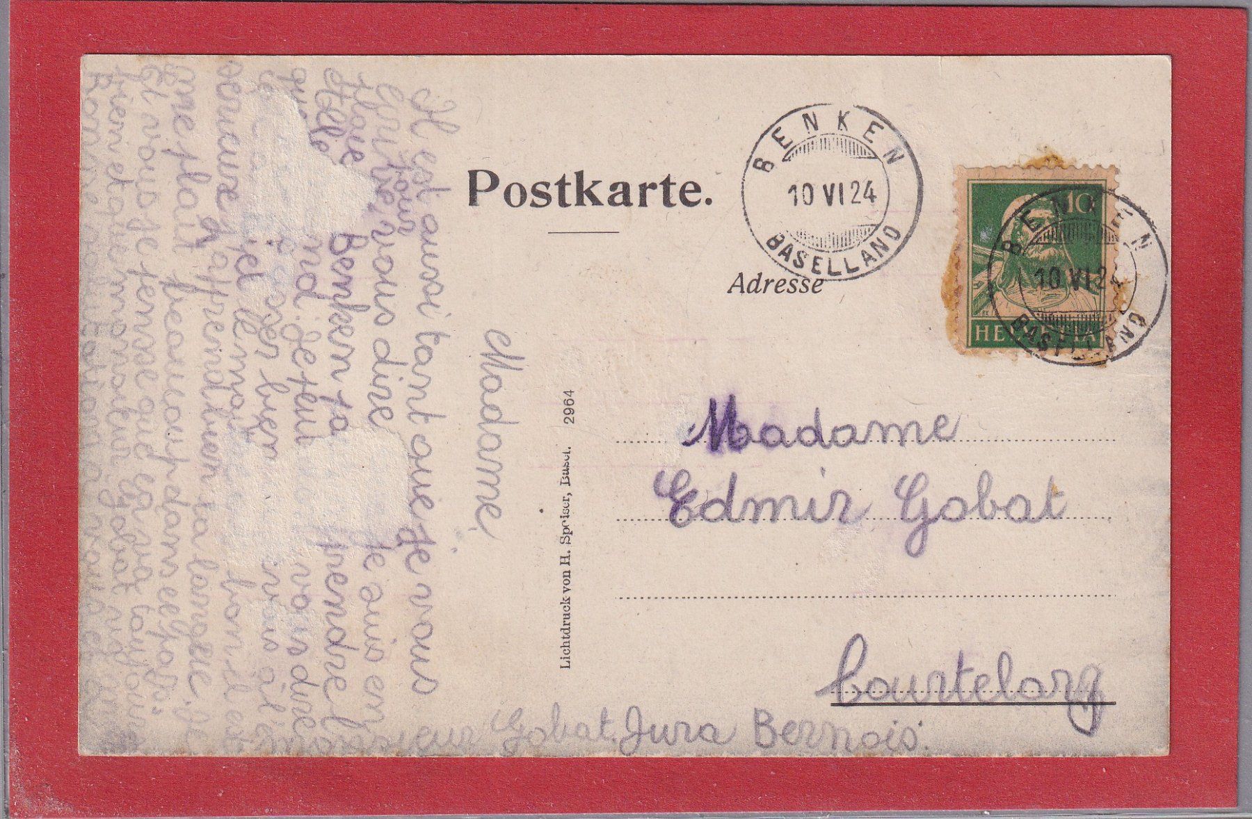 Cartoline postali: Benken - (BL) 1924 – Usato da Orvin venduto da Pyaeschli 1