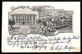 Lithographie Büren, Uhrenfabrik aus der Vogelschau und Schul