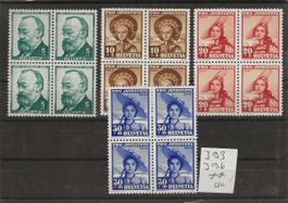 timbre Pro Juventute 1940 J93 à >J96 bloc de 4 **