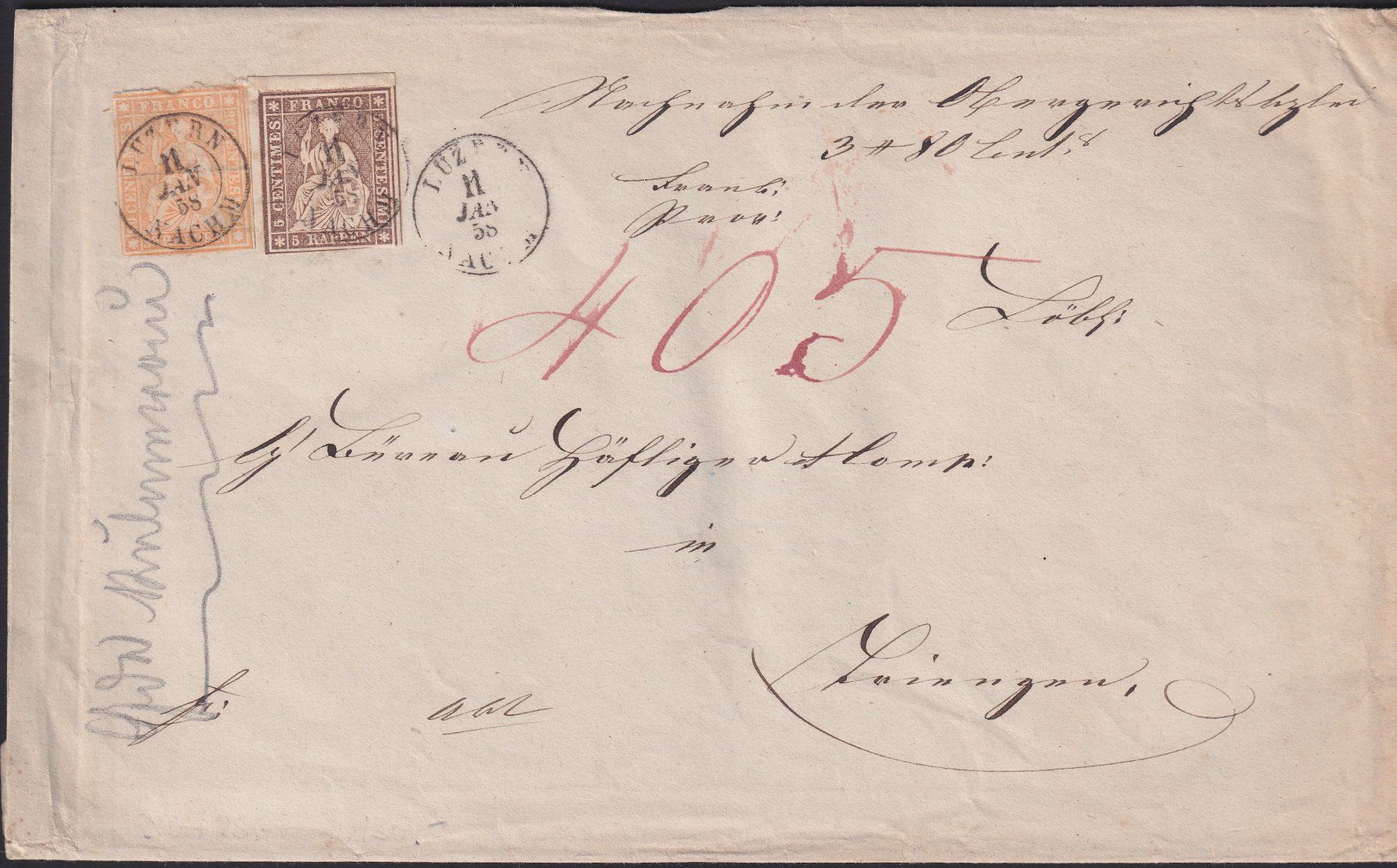 Tutti i francobolli: 1858, 25D+22D mit BOGENRAND, Brief: LUZERN - TRIENGEN, 650.- – Usato da Sursee venduto da Luzernerraute