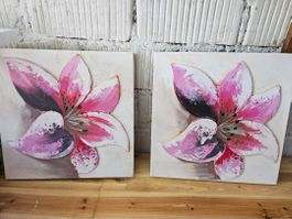 2er Set: Gemälde mit rosa Blüten, Leinwand, Top Zustand