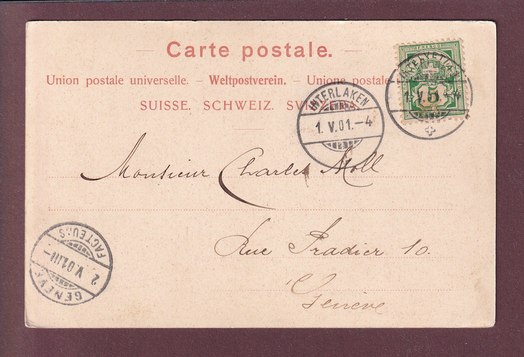 Cartoline postali: INTERLAKEN - Jungfrau - 1901 – Usato da Pully venduto da nicecards 1