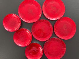 8 Servierteller / Teller - Paisley Design, Rot, aus Glas