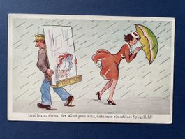 Vintage Postkarte Wind, Schirm und Spiegelbild Motiv, Humor