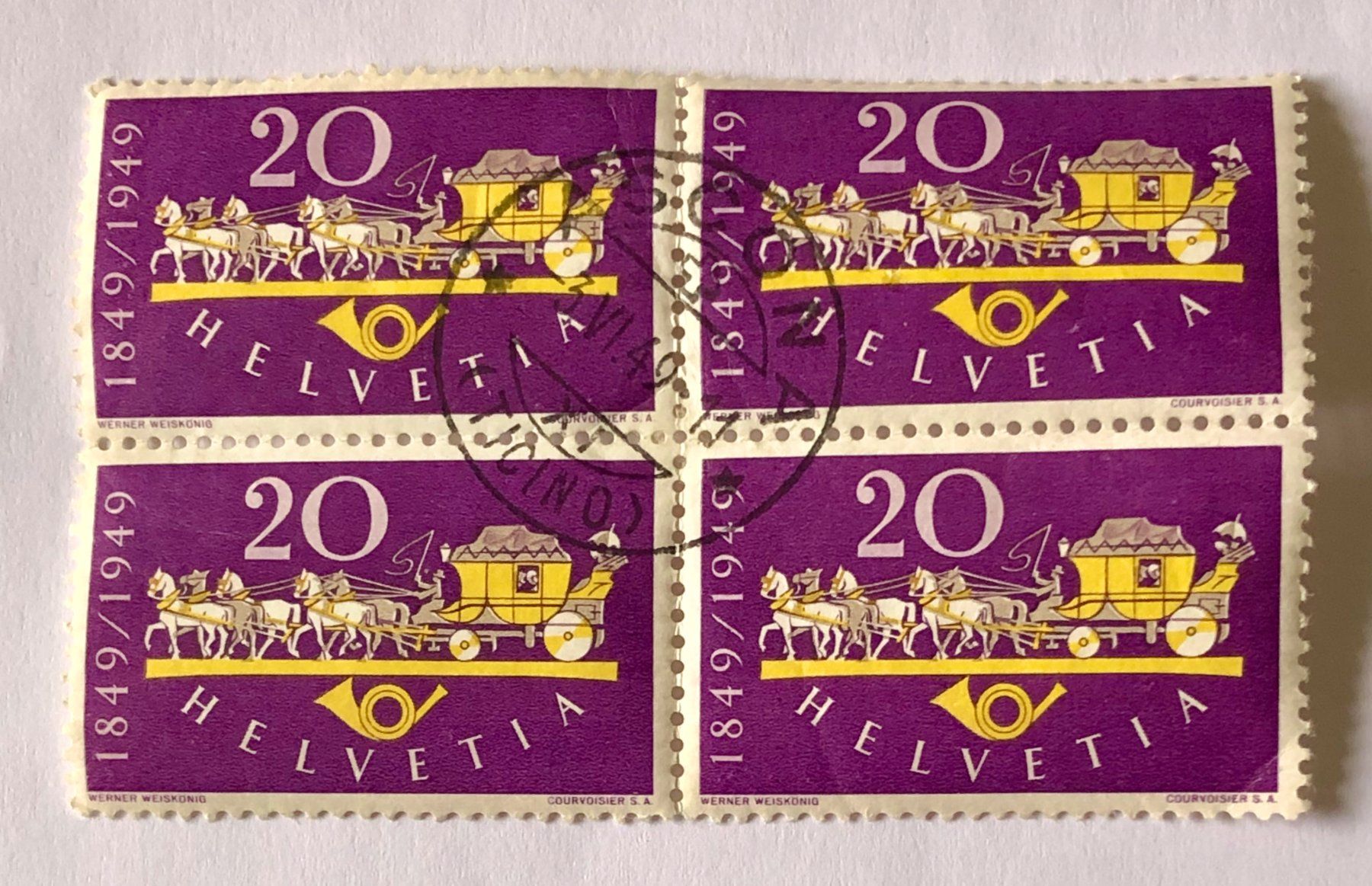Tutti i francobolli: 4er Block Nr.292 mit Stempel 1949 Postjubiläum    – Usato da Aarau venduto da Billa007