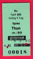 KARTON BILLETT, SPIEZ - THUN, 1.KLASSE, RETOUR, 7.10.1983