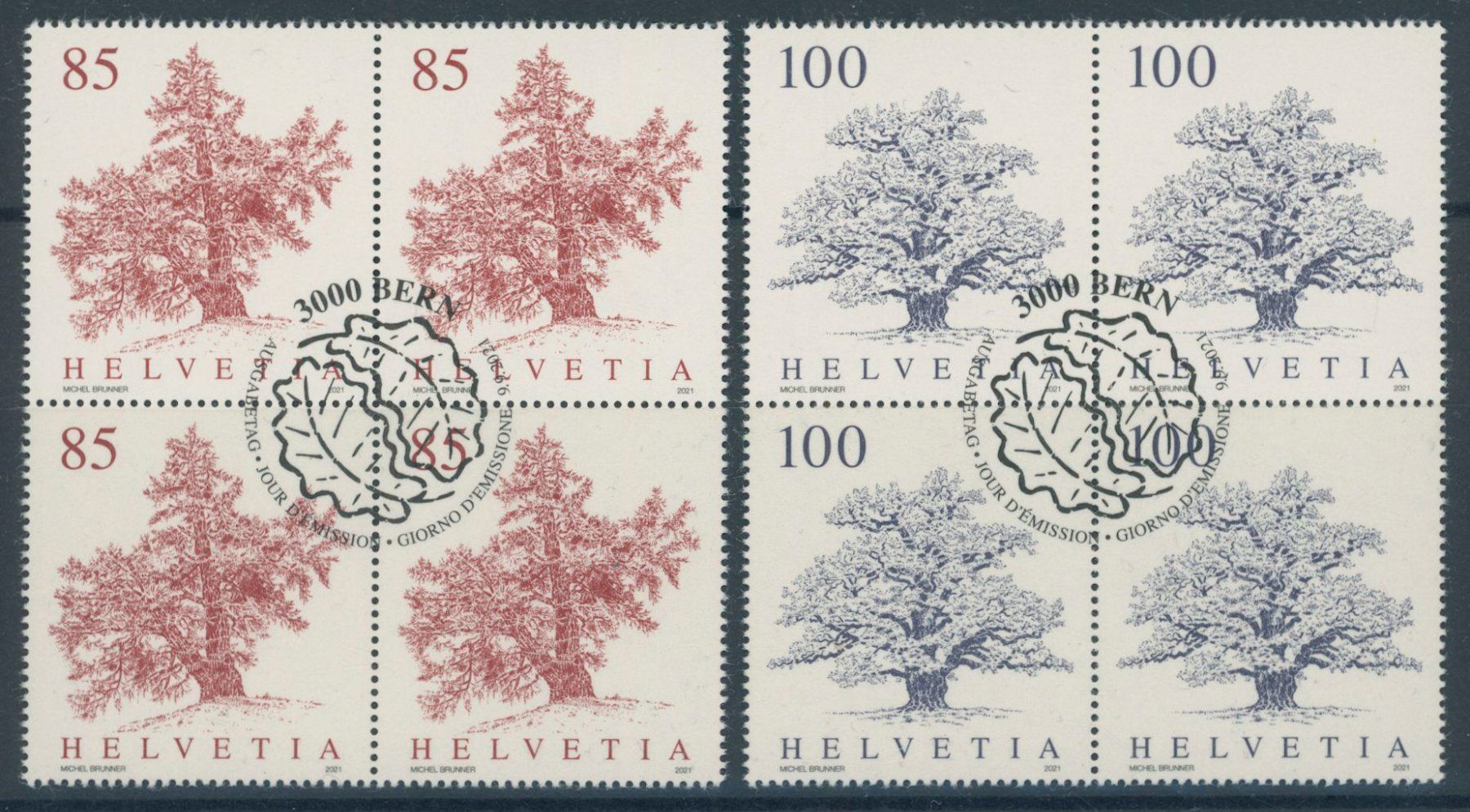 Tutti i francobolli: 2021 - Bäume - Viererblock - Ersttag Stempel ET – Usato da Schindellegi venduto da leecollect 1