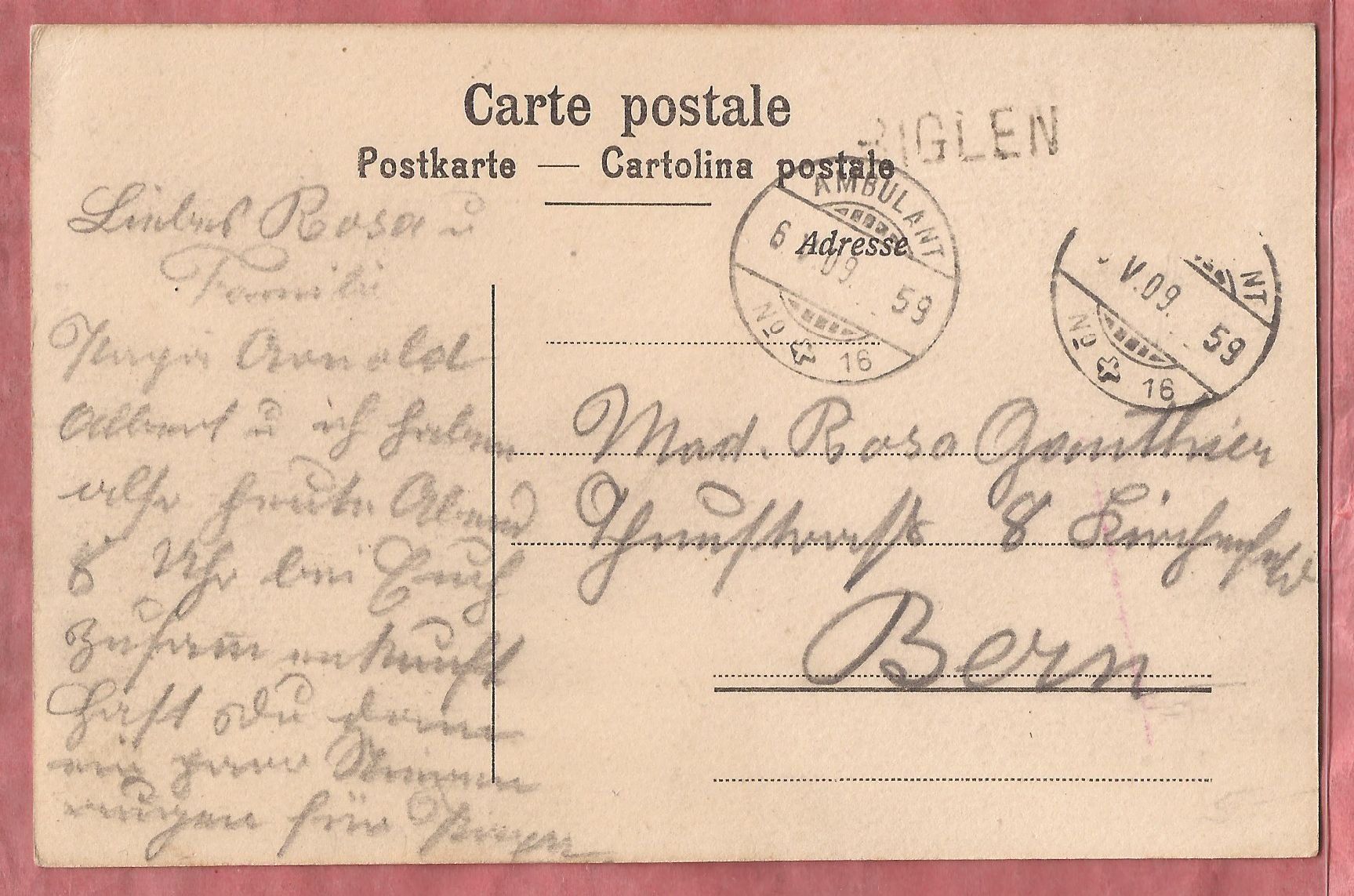 Cartoline postali: Biglen - 1909 – Usato da Fislisbach venduto da Porano 1