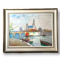 CITY RIVER OIL PAINTING SIGNED LANDSCAPE
