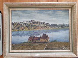 Tableau paysage lac et montagne, signé J. Bersier.