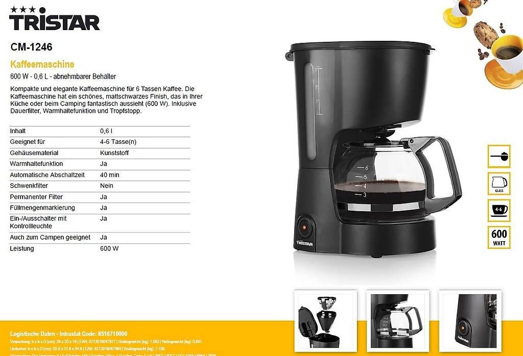 Kaffeemaschinen & Espressomaschinen: TRISTAR Kaffeemaschine - CM-1246 – Neu und originalverpackt aus Opfikon von Trodat5430