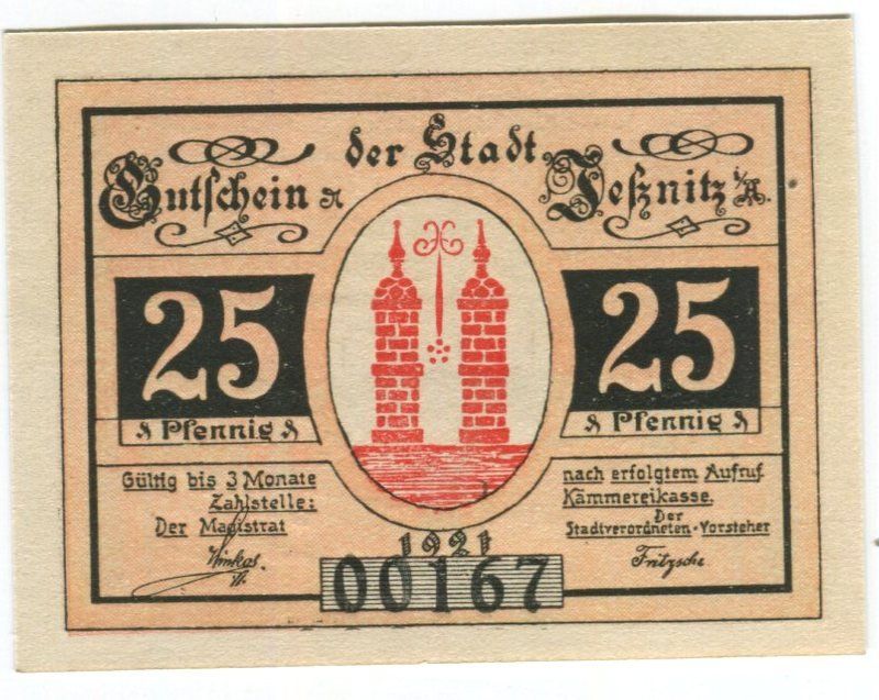 Banknoten: Notgeld "25 Pfennig. Jessnitz 1921" – Gebraucht aus Basel von Butsch5 1
