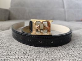 Escada Black Patent Leather Belt with Gold Logo Buckle 95cm