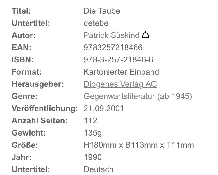 Bücher: Patrick Süskind: Die Taube – Gebraucht aus Buchs AG von Allerleis 2