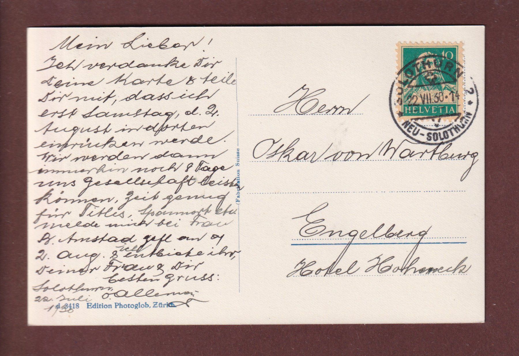 Cartoline postali: SOLOTHURN - Einsiedelei St. Verena - 1930 – Usato da Pully venduto da nicecards 1
