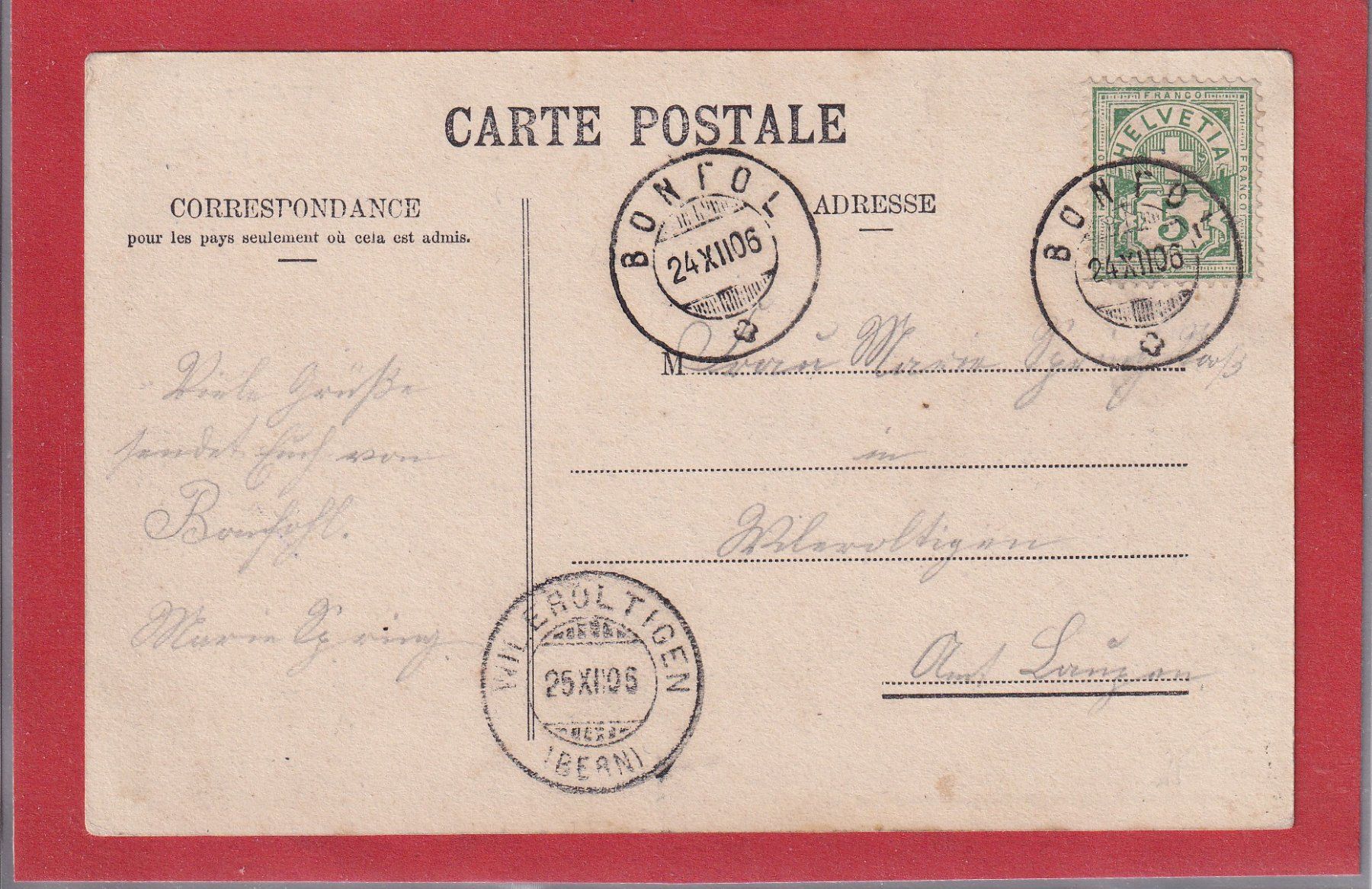 Cartoline postali: Bonfol - Vue générale - Noël 1906 – Usato da Orvin venduto da Pyaeschli 1