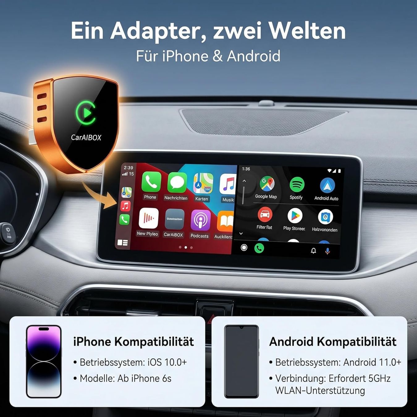 Lecteurs & Adaptateurs: Wireless CarPlay Android Auto Adapter 2-in-1 – Neuf avec emballage d'origine à Suhr par TradeMasters 4
