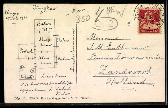 Ansichtskarten: AK Wengen, Hotel Viktoria, 1926 – Gebraucht aus Berlin von bartko-reher 1