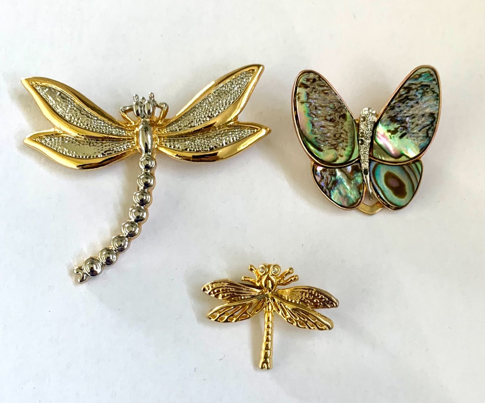 Spille & Fermagli: 3 Schmuck-Broschen, 2 Libellen & 1 Schmetterling – Usato da Biel/Bienne venduto da Oldradio