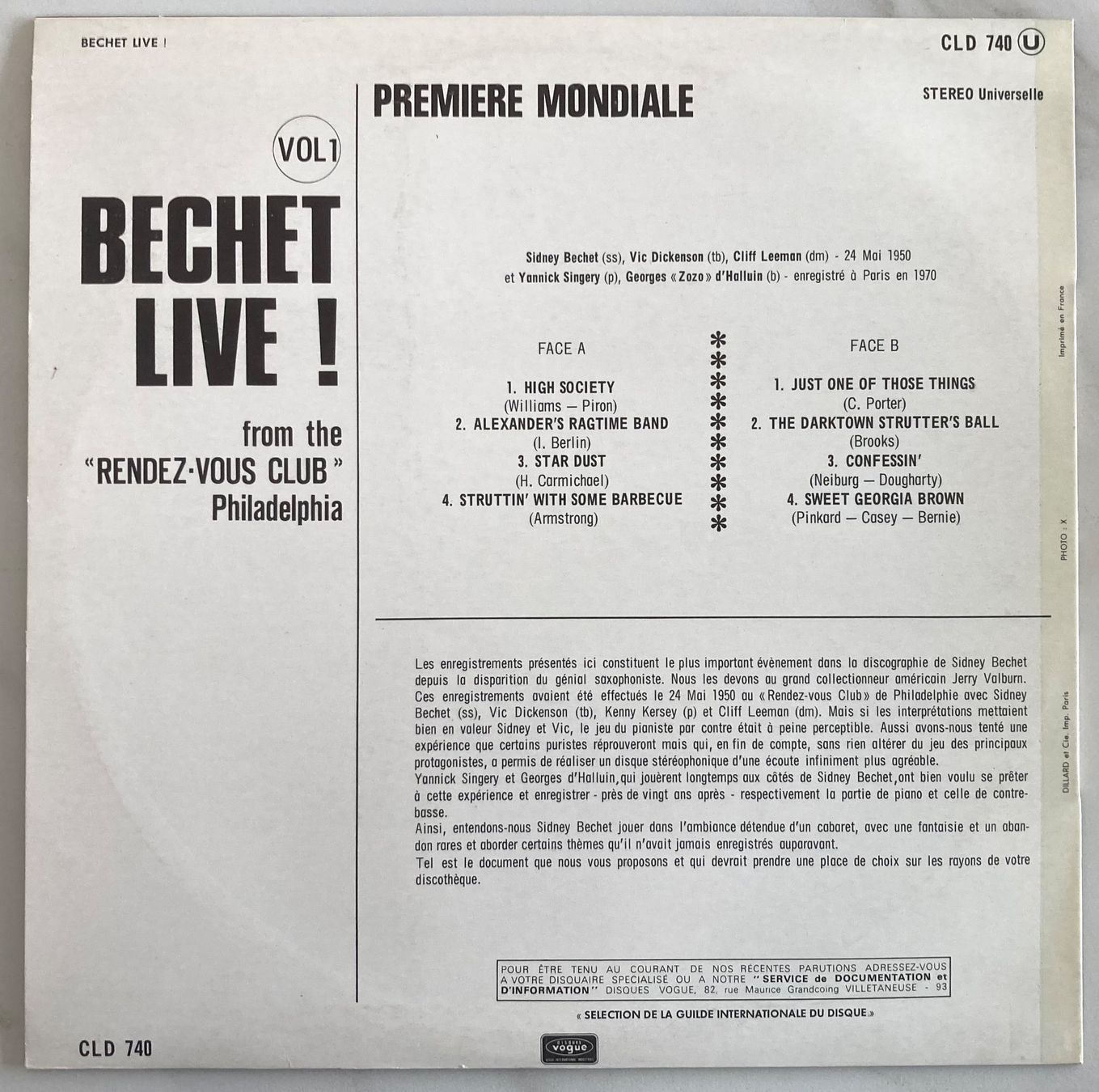 Dischi in vinile: SIDNEY BECHET - BECHET LIVE ! VOL. 1 – Usato da Poliez-Pittet venduto da Newtown-Records 1