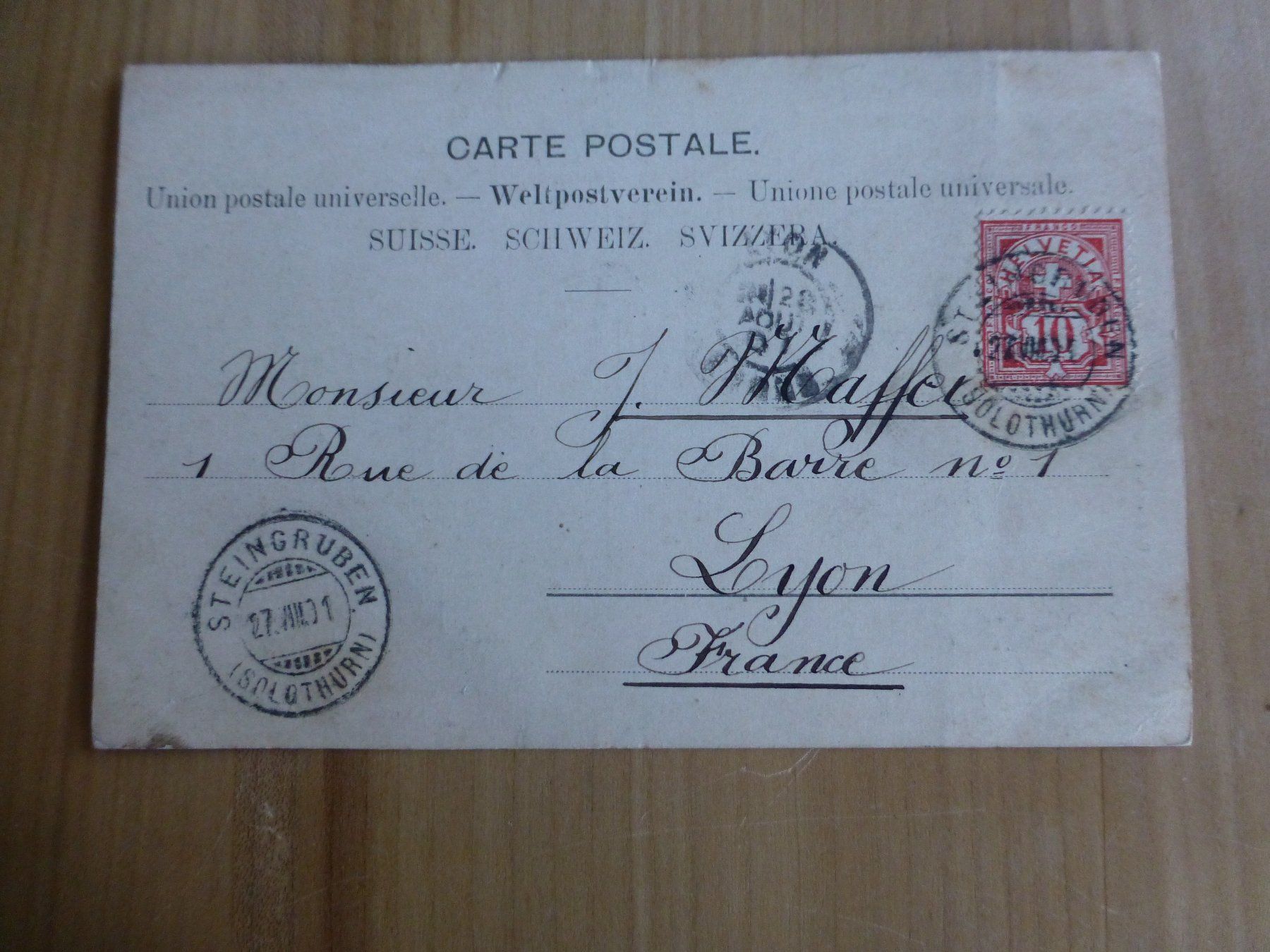 Cartes postales: Solothurn Ansichtskarte nach Lyon 1901, Steingruben Stempel – D'occasion à Bettlach par 1saurer 1
