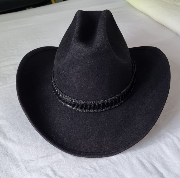 Chapeau Cowboy Noir 100% Laine MHT Western - Taille XL (7 5/8) Avec Bandeau Cuir - Occasion