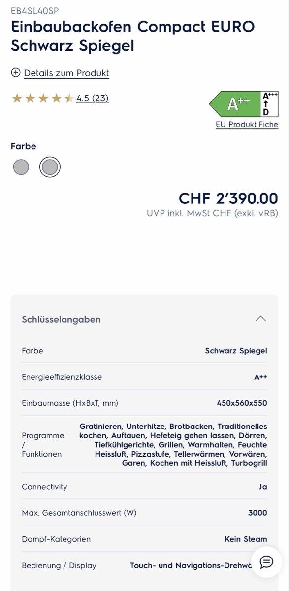 Electrolux Forni: Electrolux EB4SL40SP Kompaktbackofen Spiegelglas, A++ – Nuovo (secondo la descrizione) da Fischbach- Göslikon venduto da Schurr7 8