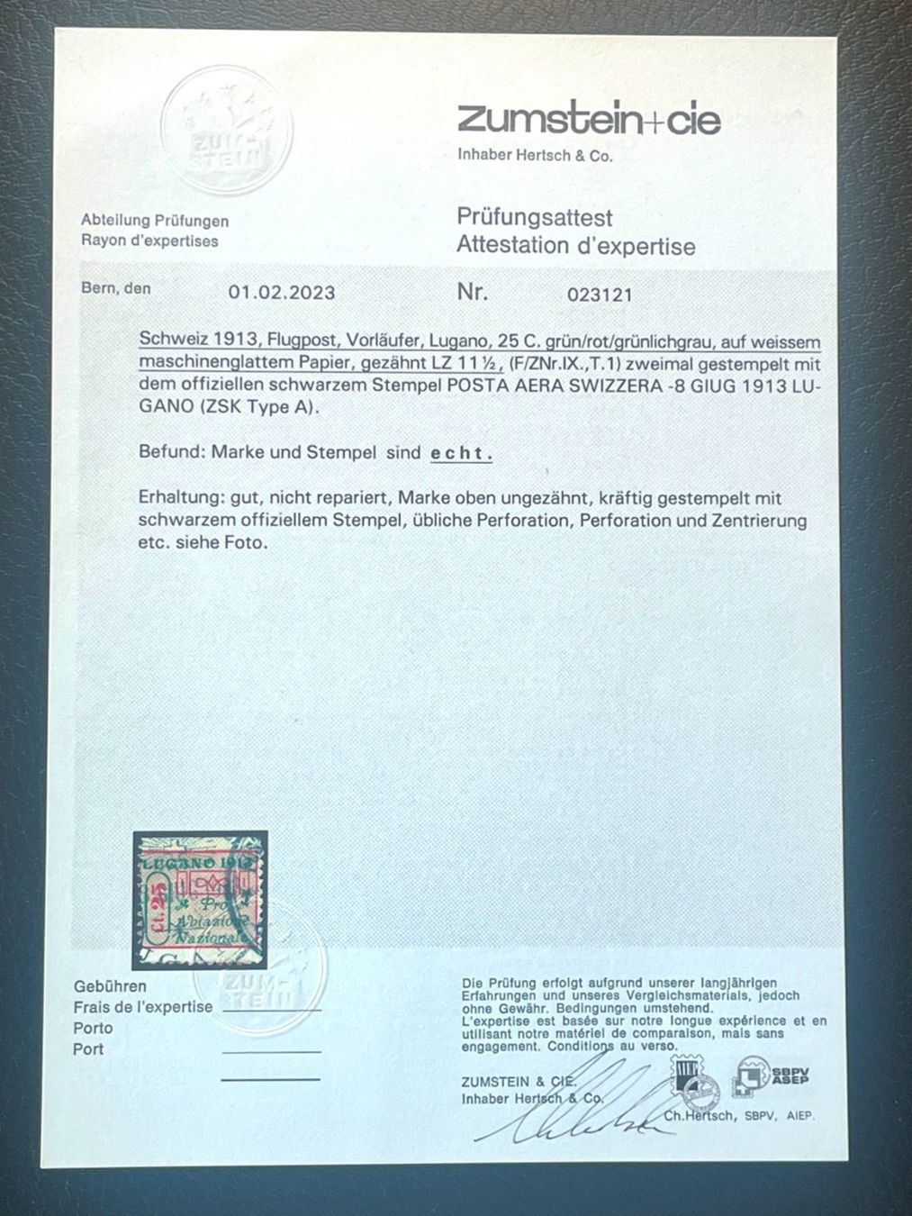 Tutti i francobolli: Flugpostvorläufer IX Lugano gestempelt (!) mit Attest – Usato da Bern venduto da myrona 3