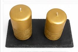 Lot de 2 bougies dorées + plateau en ardoise — neuves