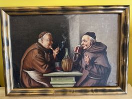 Gemälde Mönche rauchend trinkend signiert 44x32cm