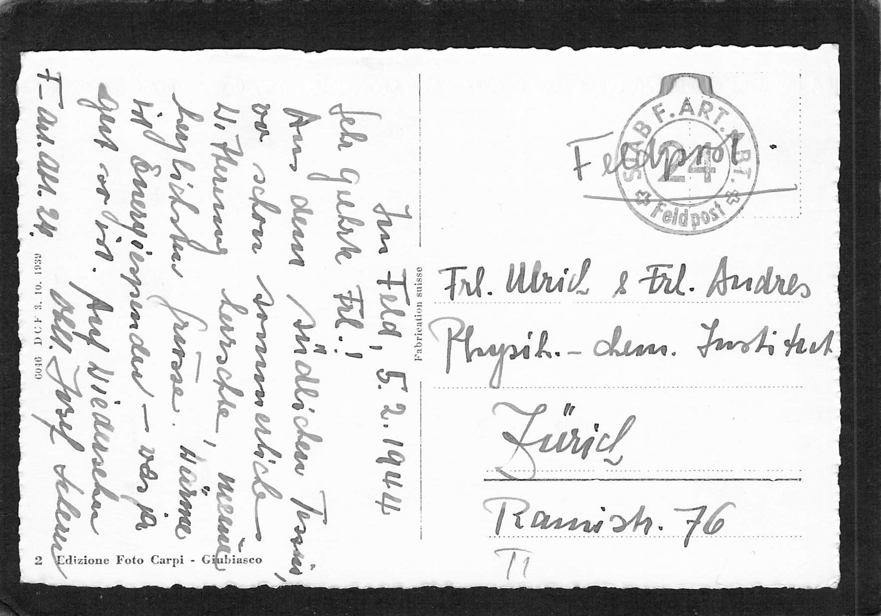 Cartoline postali: Giubiasco TI , Quartiere industriale , gel. 1944 – Usato da Reichenburg venduto da Pipo-67 1