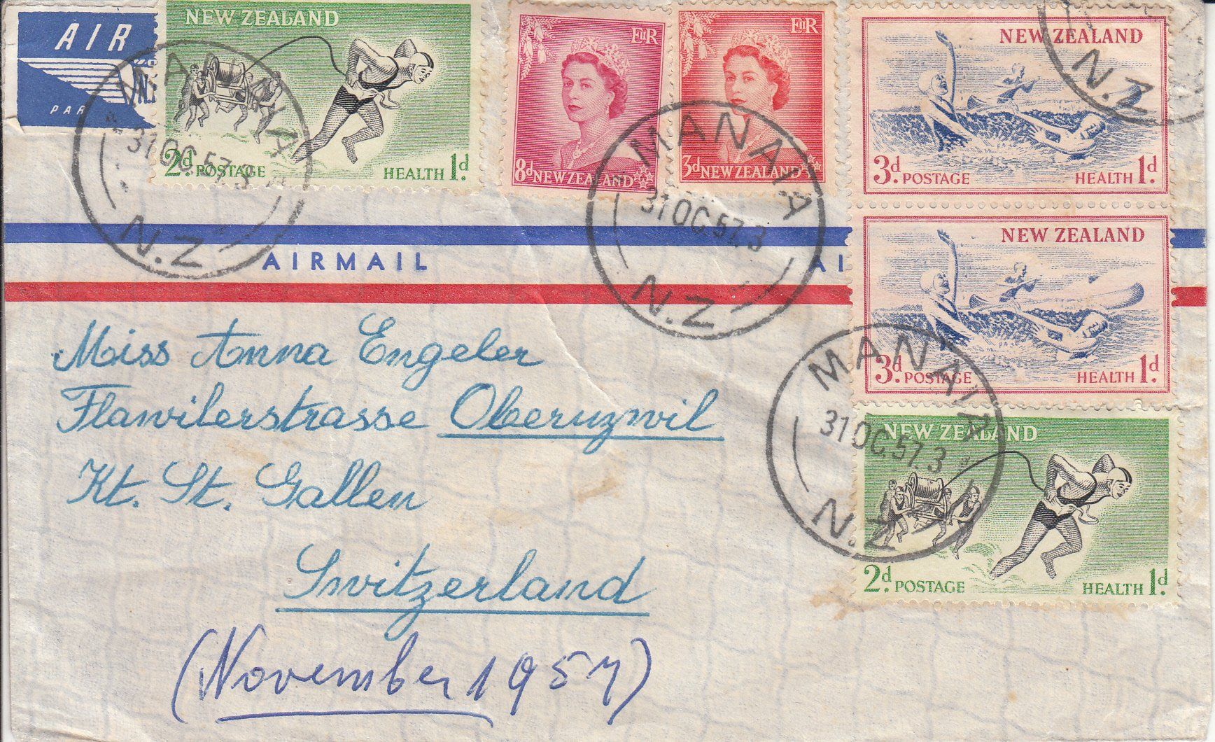 Tutti i francobolli: Neuseeland - Schweiz, 2 Briefe 1957 / 1961 – Usato da Bürglen TG venduto da StampGraf 1