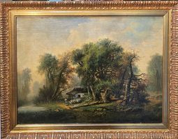 Dipinto antico, olio su tela, paesaggio boschivo A. Williams