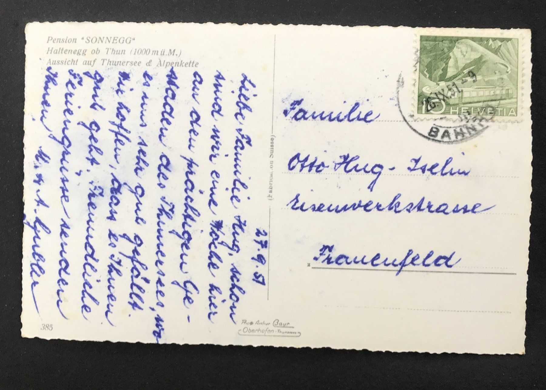 Ansichtskarten: ANTIKE ANSICHTSKARTE PENSION "SONNEGG" OB THUN – Gebraucht aus Ostermundigen von wini63 1