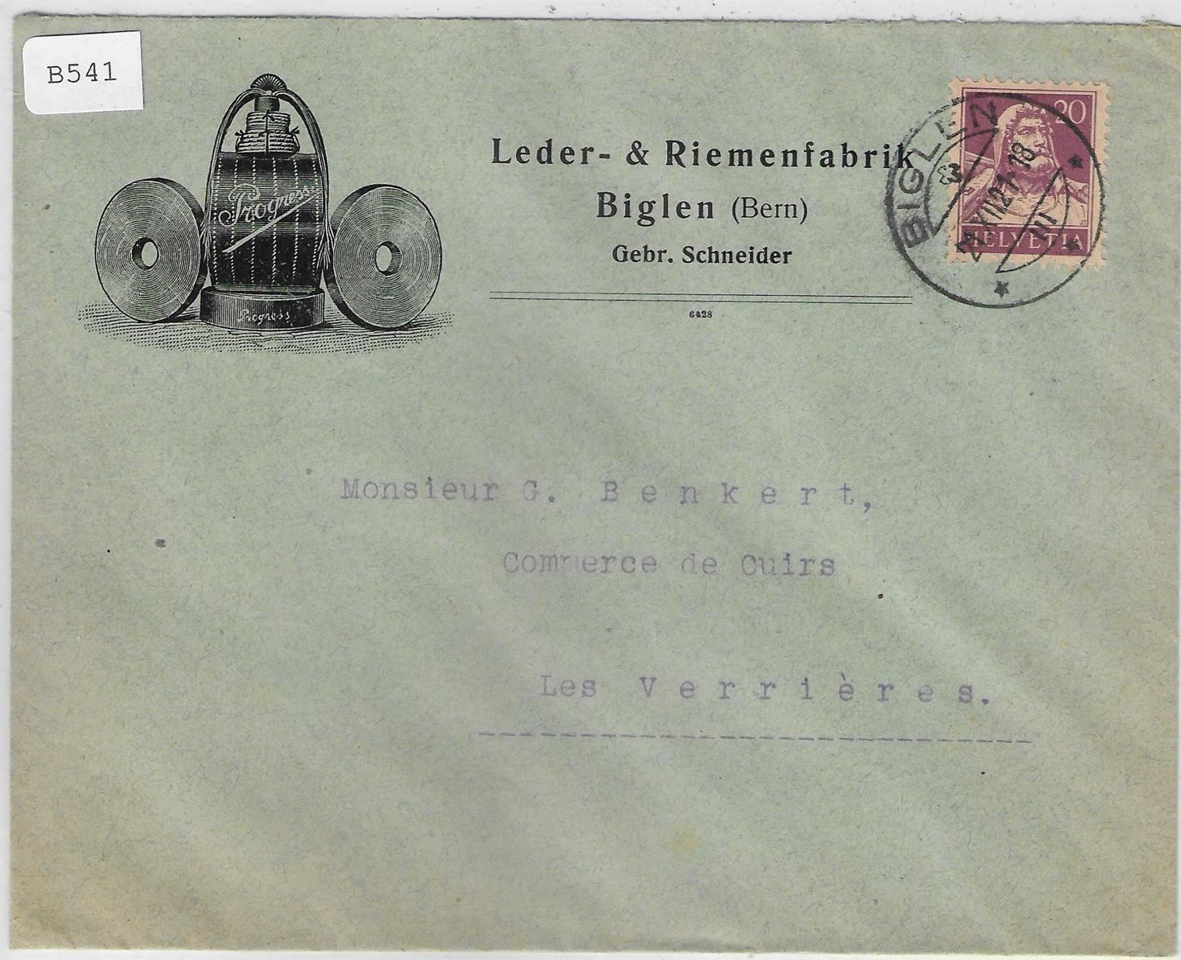 Cartoline postali: Biglen 21XII.21 154/165x Leder- & – Usato da Ettingen venduto da Kartenplanet